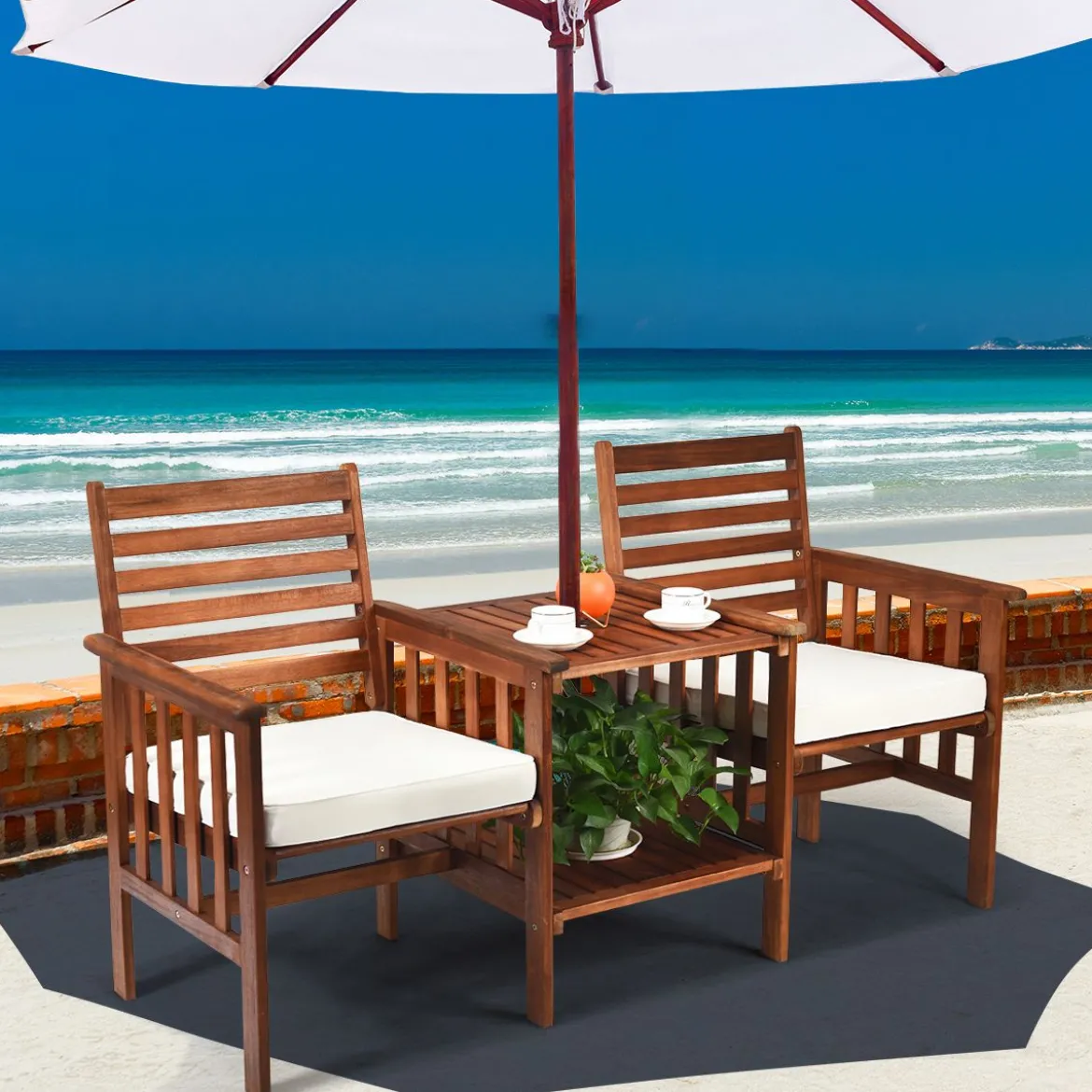 Gartenbank mit Tisch 2-Sitzer Holzbank mit Sitzkissen & Schirmloch Rot/Beige