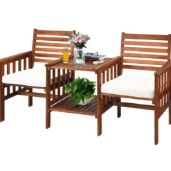 Gartenbank mit Tisch 2-Sitzer Holzbank mit Sitzkissen & Schirmloch Rot/Beige
