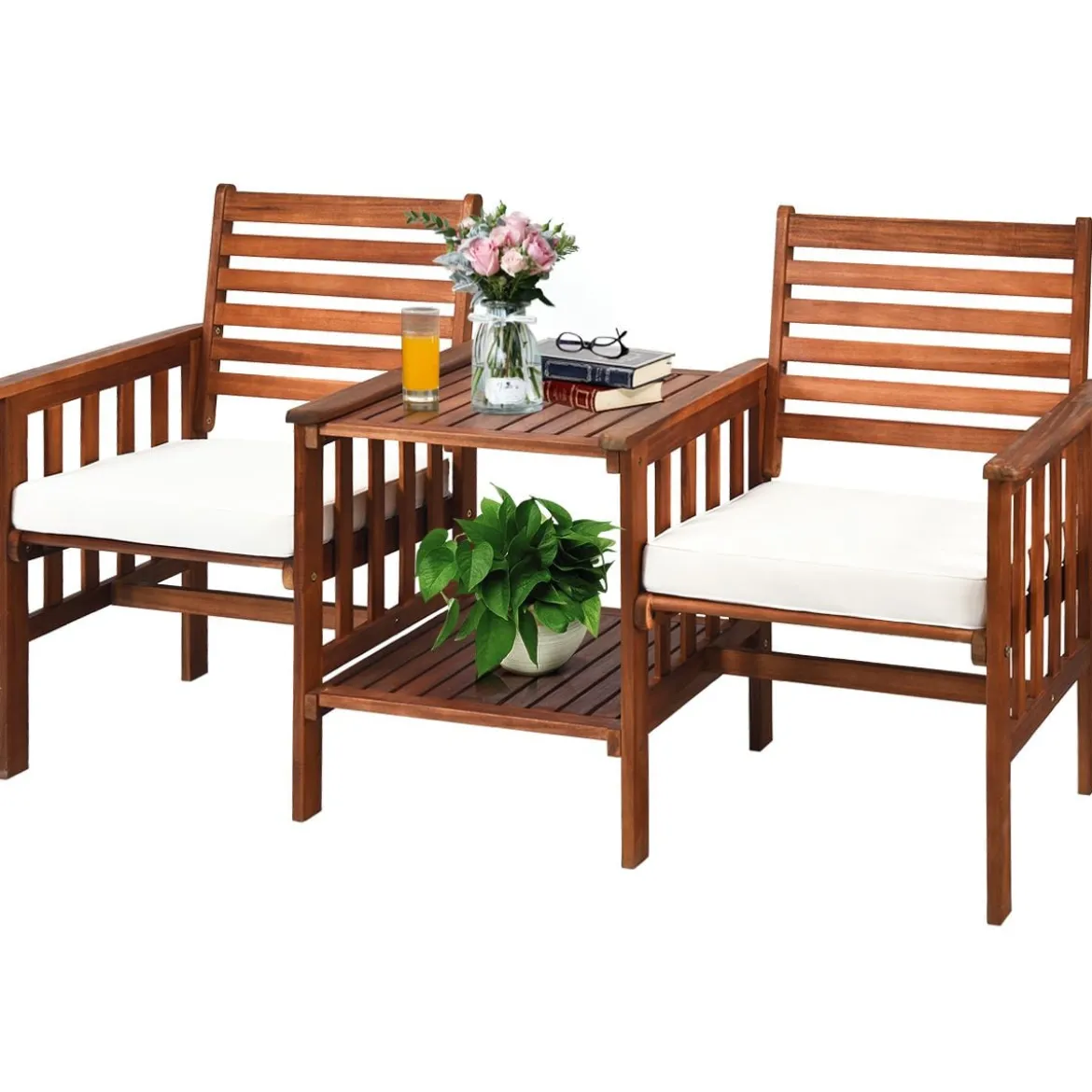 Gartenbank mit Tisch 2-Sitzer Holzbank mit Sitzkissen & Schirmloch Rot/Beige