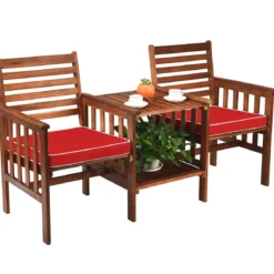 Gartenbank mit Tisch 2-Sitzer Holzbank mit Sitzkissen & Schirmloch Rot/Beige