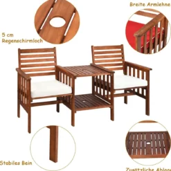 Gartenbank mit Tisch 2-Sitzer Holzbank mit Sitzkissen & Schirmloch Rot/Beige