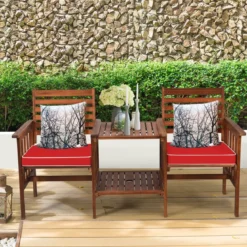 Gartenbank mit Tisch 2-Sitzer Holzbank mit Sitzkissen & Schirmloch Rot/Beige
