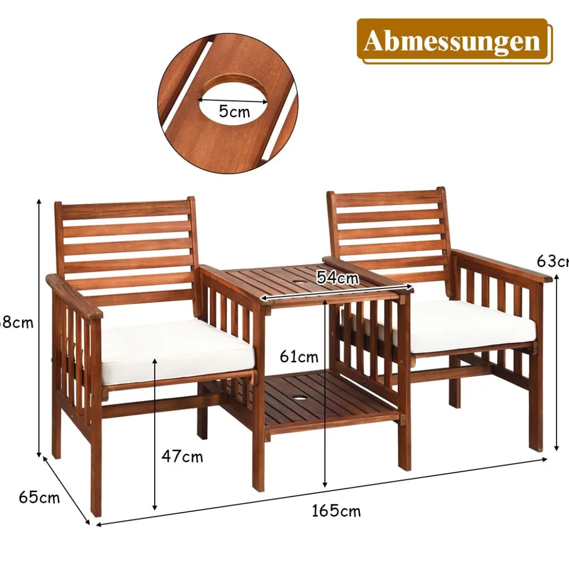 Gartenbank mit Tisch 2-Sitzer Holzbank mit Sitzkissen & Schirmloch Rot/Beige