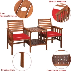 Gartenbank mit Tisch 2-Sitzer Holzbank mit Sitzkissen & Schirmloch Rot/Beige