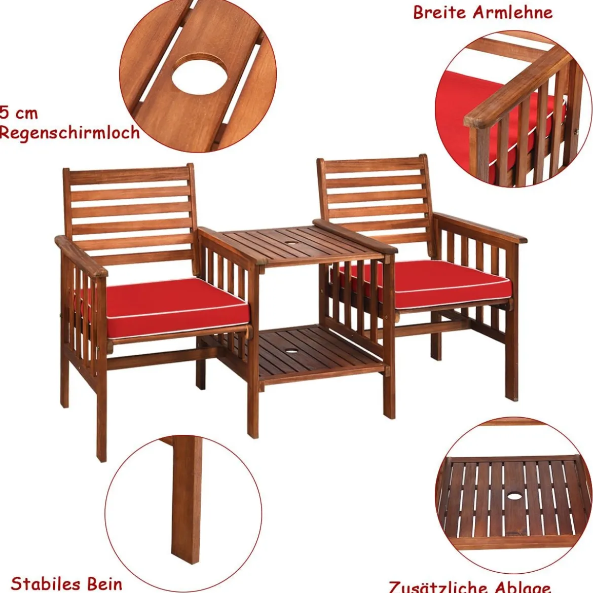 Gartenbank mit Tisch 2-Sitzer Holzbank mit Sitzkissen & Schirmloch Rot/Beige