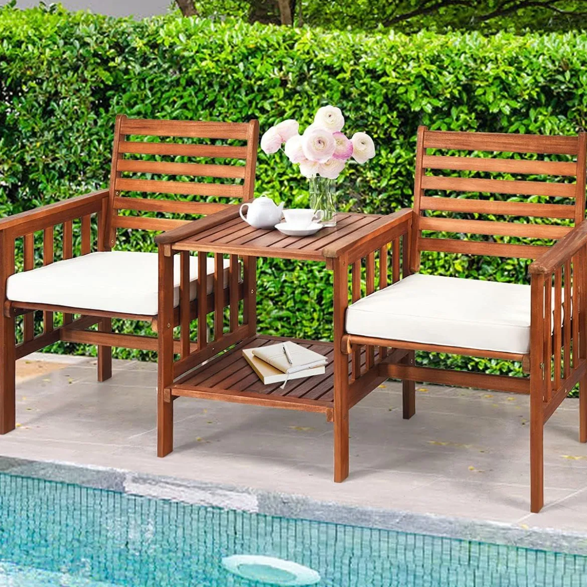 Gartenbank mit Tisch 2 Sitzer Holzbank mit Schirmloch & Sitzkissen Sitzbank Braun+Weiß