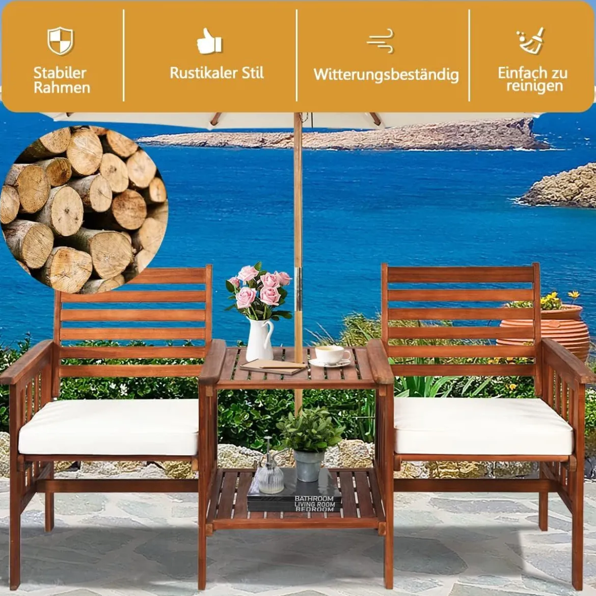 Gartenbank mit Tisch 2 Sitzer Holzbank mit Schirmloch & Sitzkissen Sitzbank Braun+Weiß