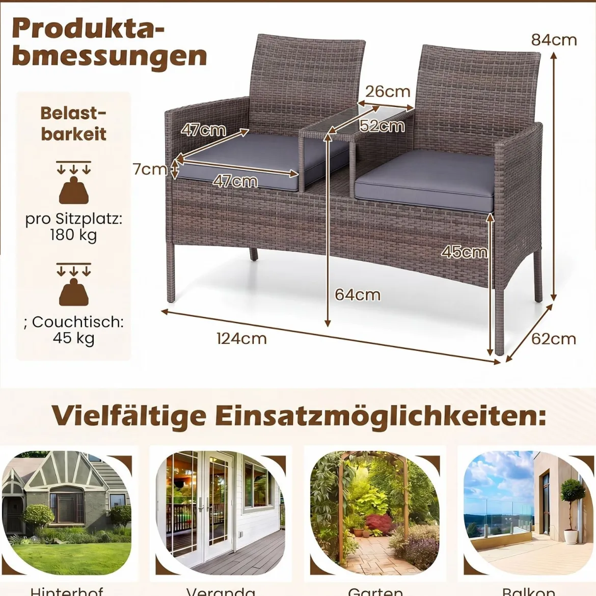 Gartenbank mit Tisch 2-Sitzer Polyrattan Sitzgruppe Sitzbank Gartenmöbel Terrassenmöbel Grau