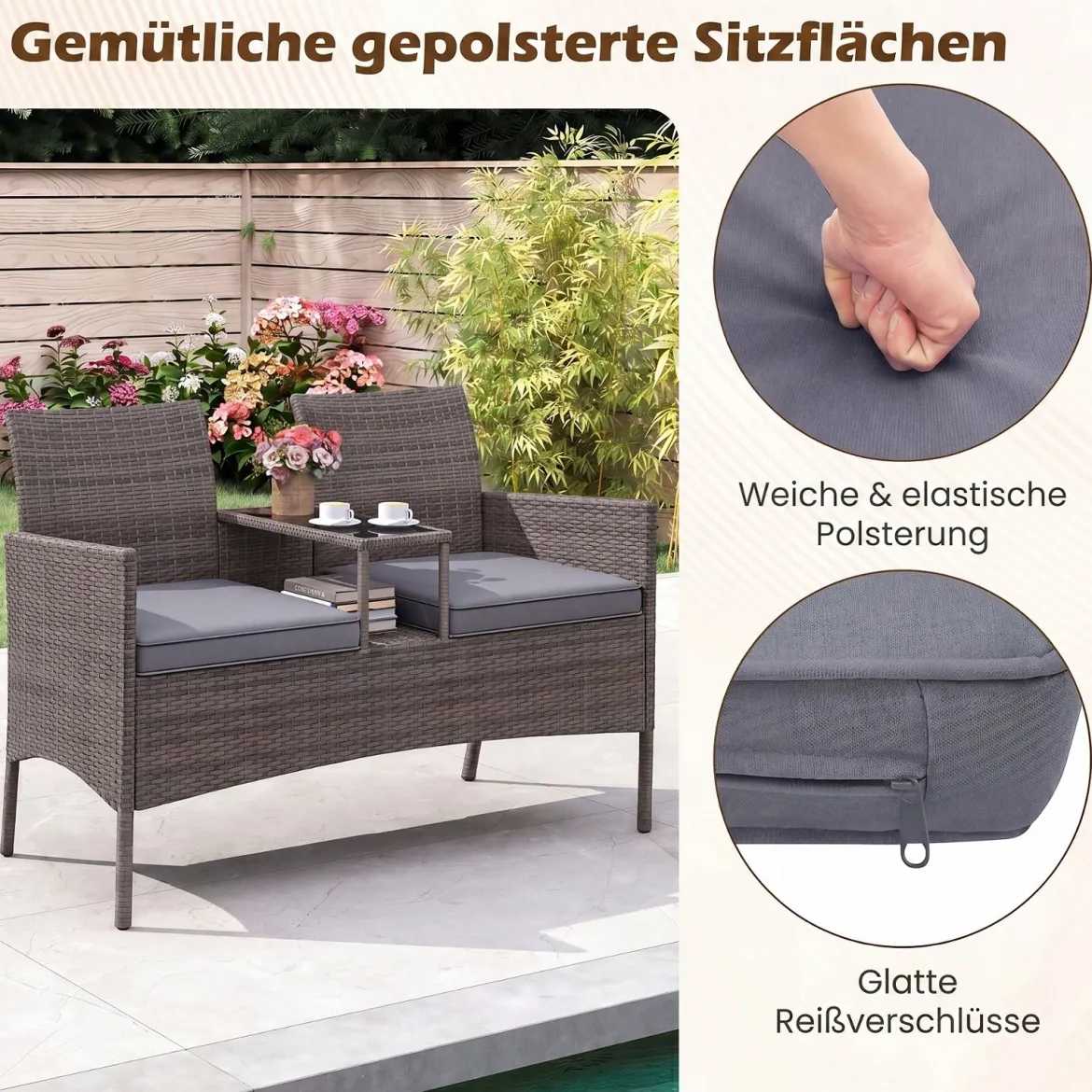Gartenbank mit Tisch 2-Sitzer Polyrattan Sitzgruppe Sitzbank Gartenmöbel Terrassenmöbel Grau