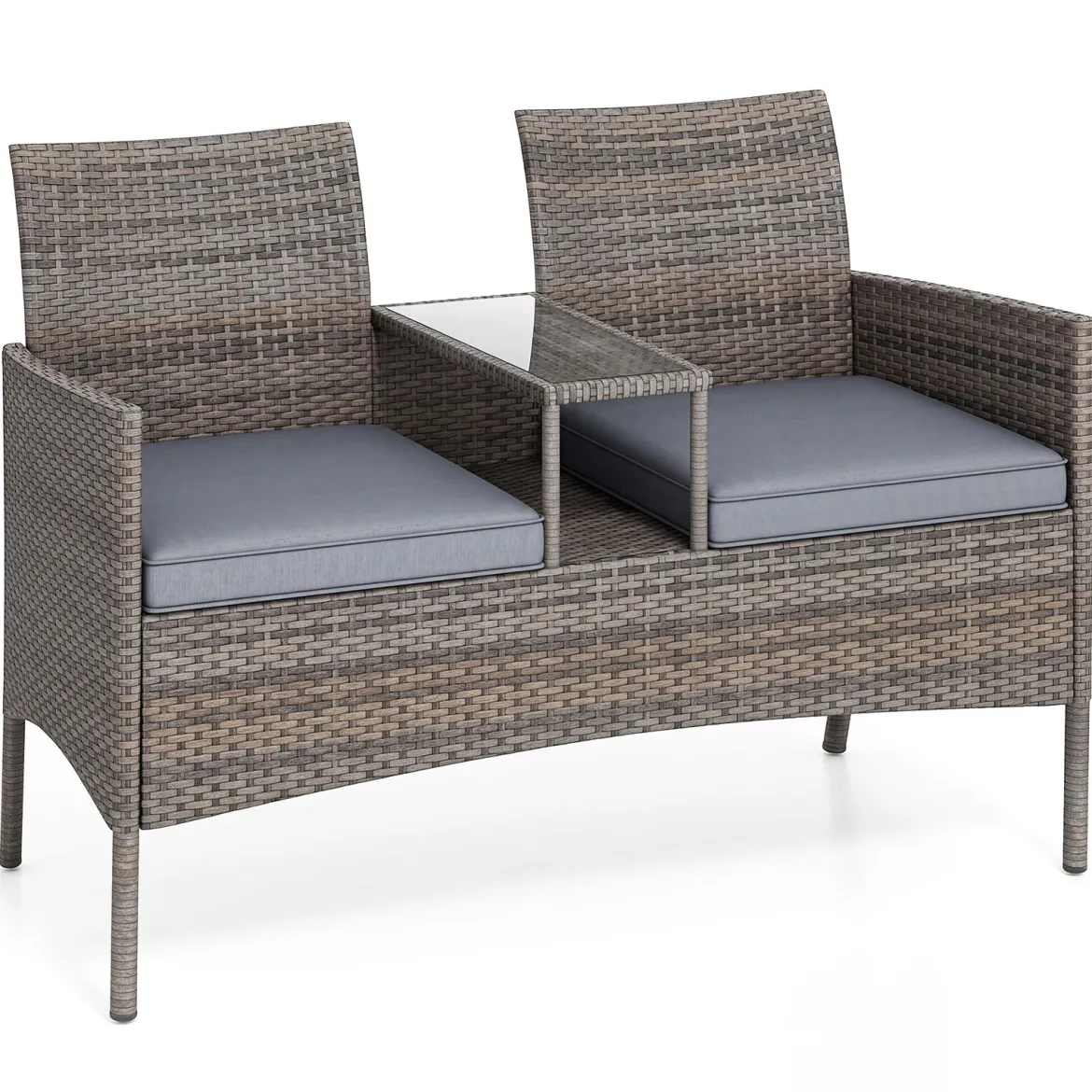 Gartenbank mit Tisch 2-Sitzer Polyrattan Sitzgruppe Sitzbank Gartenmöbel Terrassenmöbel Grau