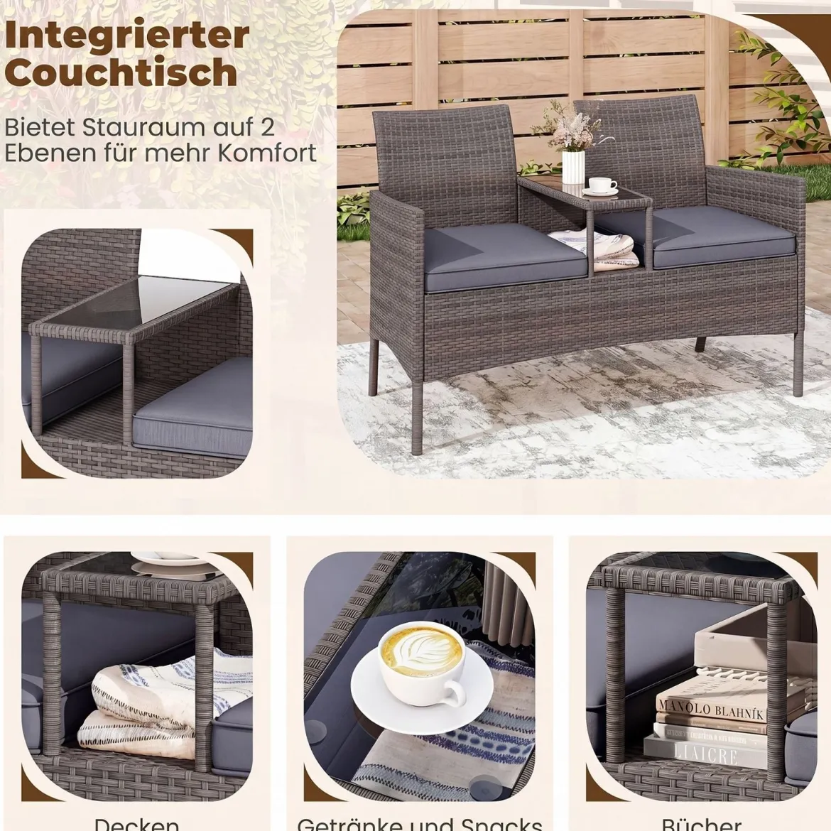 Gartenbank mit Tisch 2-Sitzer Polyrattan Sitzgruppe Sitzbank Gartenmöbel Terrassenmöbel Grau