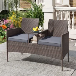 Gartenbank mit Tisch 2-Sitzer Polyrattan Sitzgruppe Sitzbank Gartenmöbel Terrassenmöbel Grau