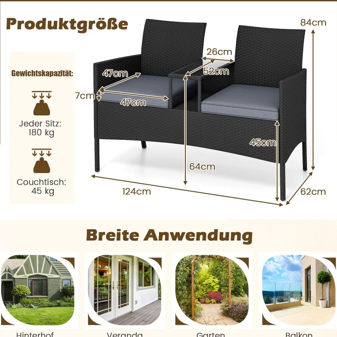 Gartenbank mit Tisch 2-Sitzer Polyrattan Sitzbank Sitzgruppe Gartenmöbel Terrassenmöbel Grau