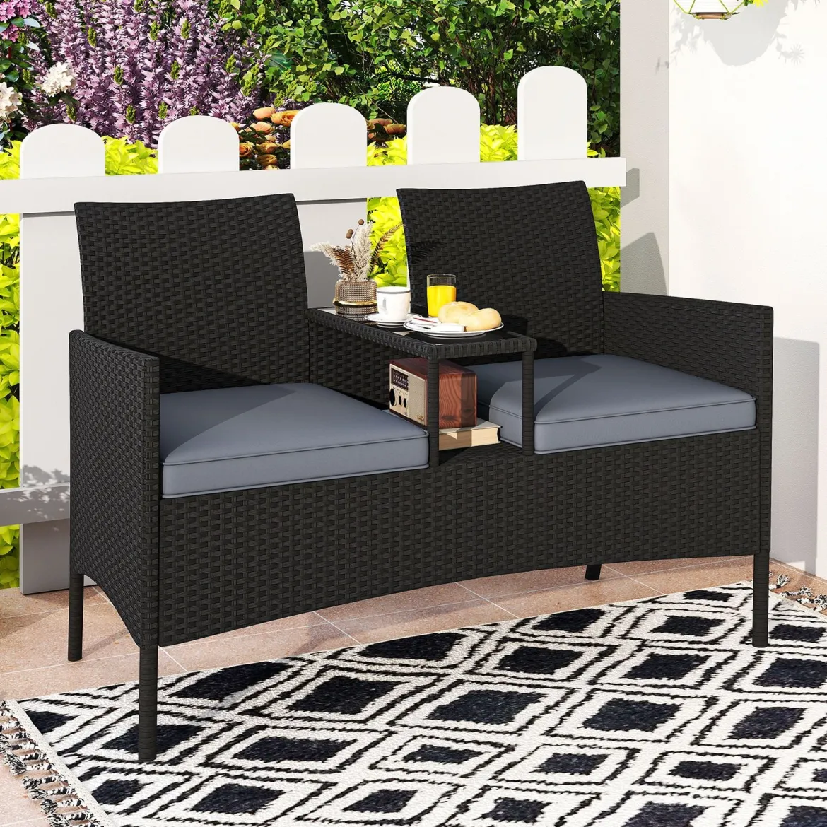 Gartenbank mit Tisch 2-Sitzer Polyrattan Sitzbank Sitzgruppe Gartenmöbel Terrassenmöbel Grau