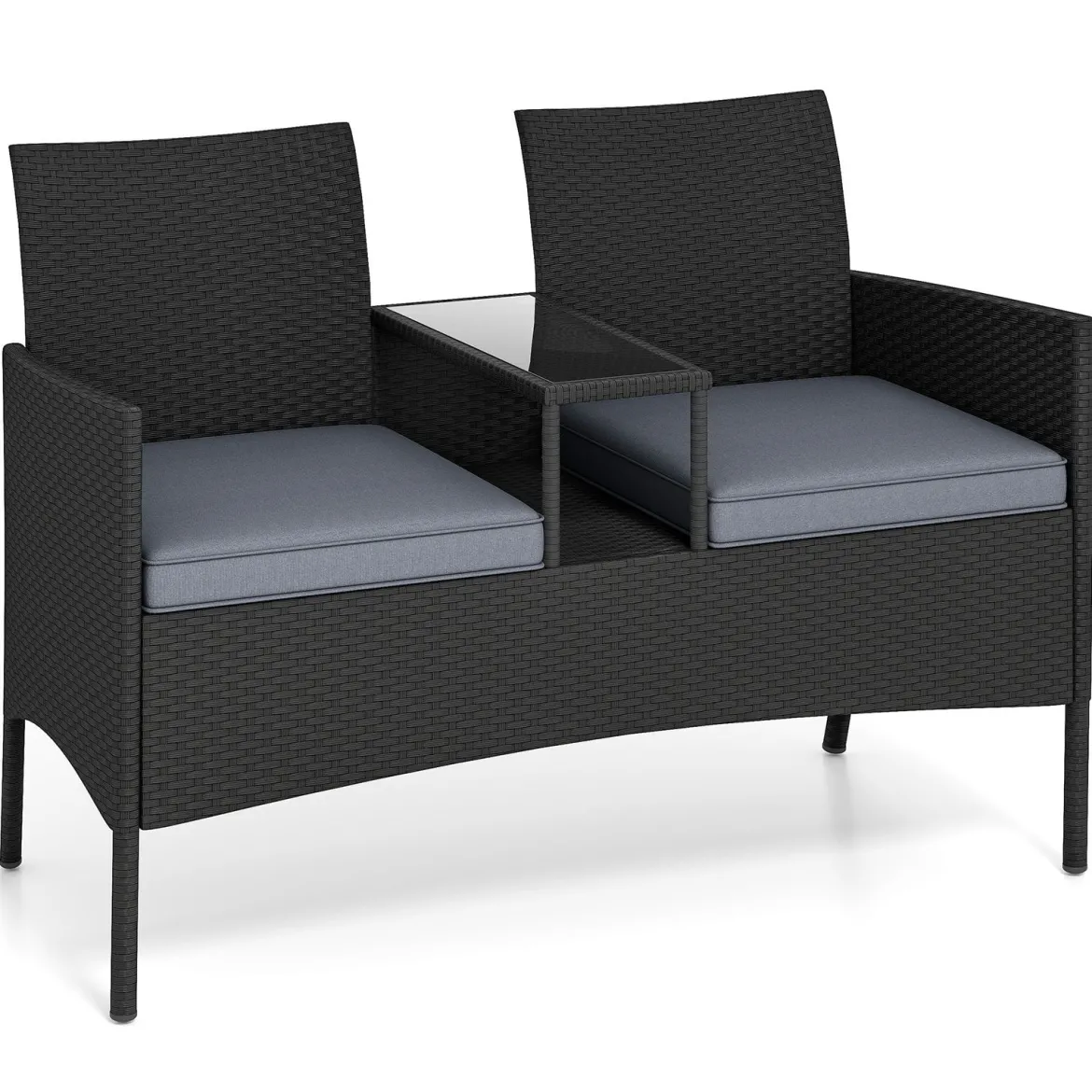 Gartenbank mit Tisch 2-Sitzer Polyrattan Sitzbank Sitzgruppe Gartenmöbel Terrassenmöbel Grau