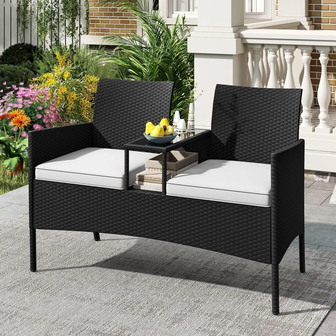 Gartenbank mit Tisch 2-Sitzer Polyrattan Sitzbank Sitzgruppe Gartenmöbel Terrassenmöbel Weiß