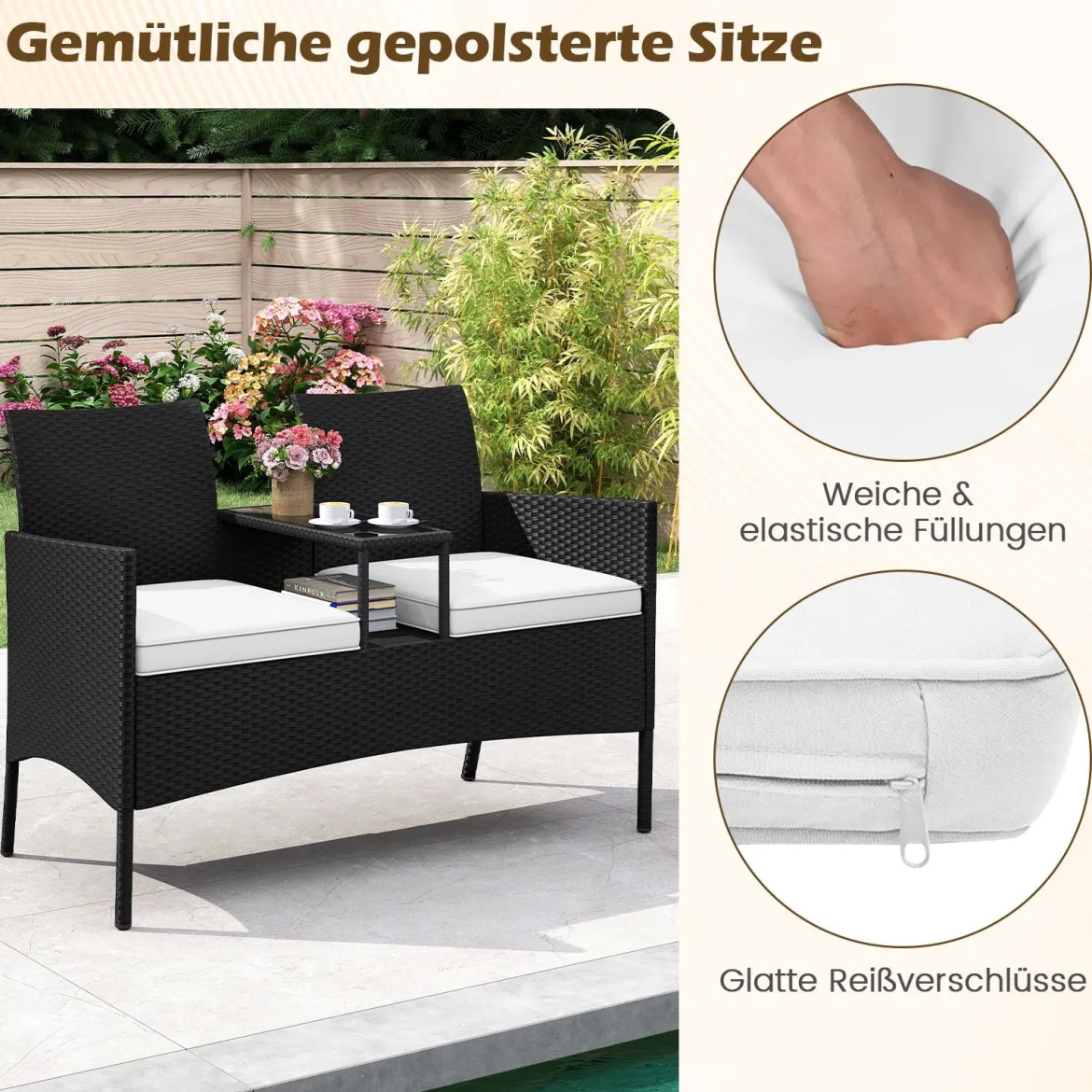 Gartenbank mit Tisch 2-Sitzer Polyrattan Sitzbank Sitzgruppe Gartenmöbel Terrassenmöbel Weiß