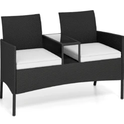Gartenbank mit Tisch 2-Sitzer Polyrattan Sitzbank Sitzgruppe Gartenmöbel Terrassenmöbel Weiß