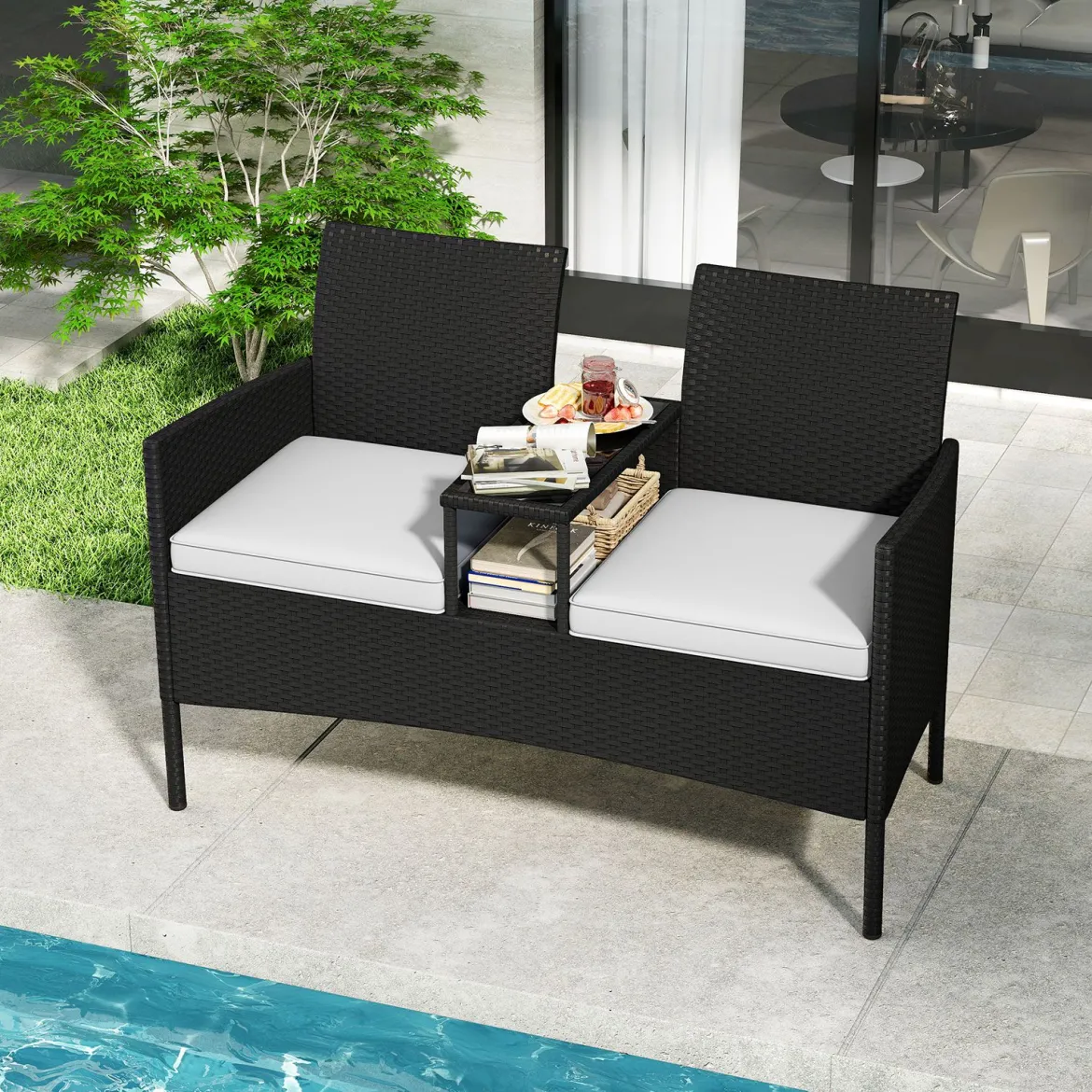 Gartenbank mit Tisch 2-Sitzer Polyrattan Sitzbank Sitzgruppe Gartenmöbel Terrassenmöbel Weiß