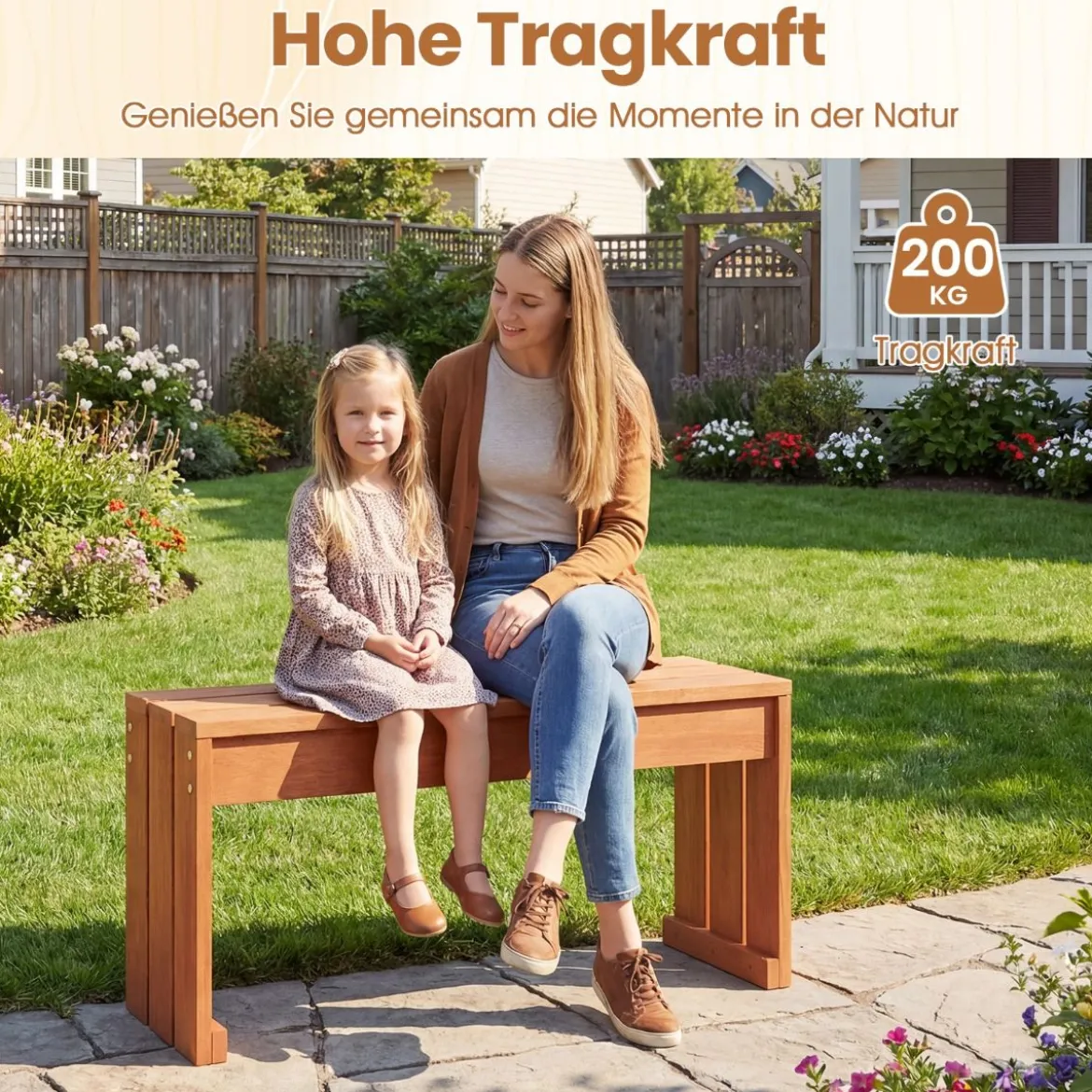 Gartenbank ohne Lehne Wetterfest Sitzbank aus Hartholz Balkonbank 50 x 40 x 81 cm Natur