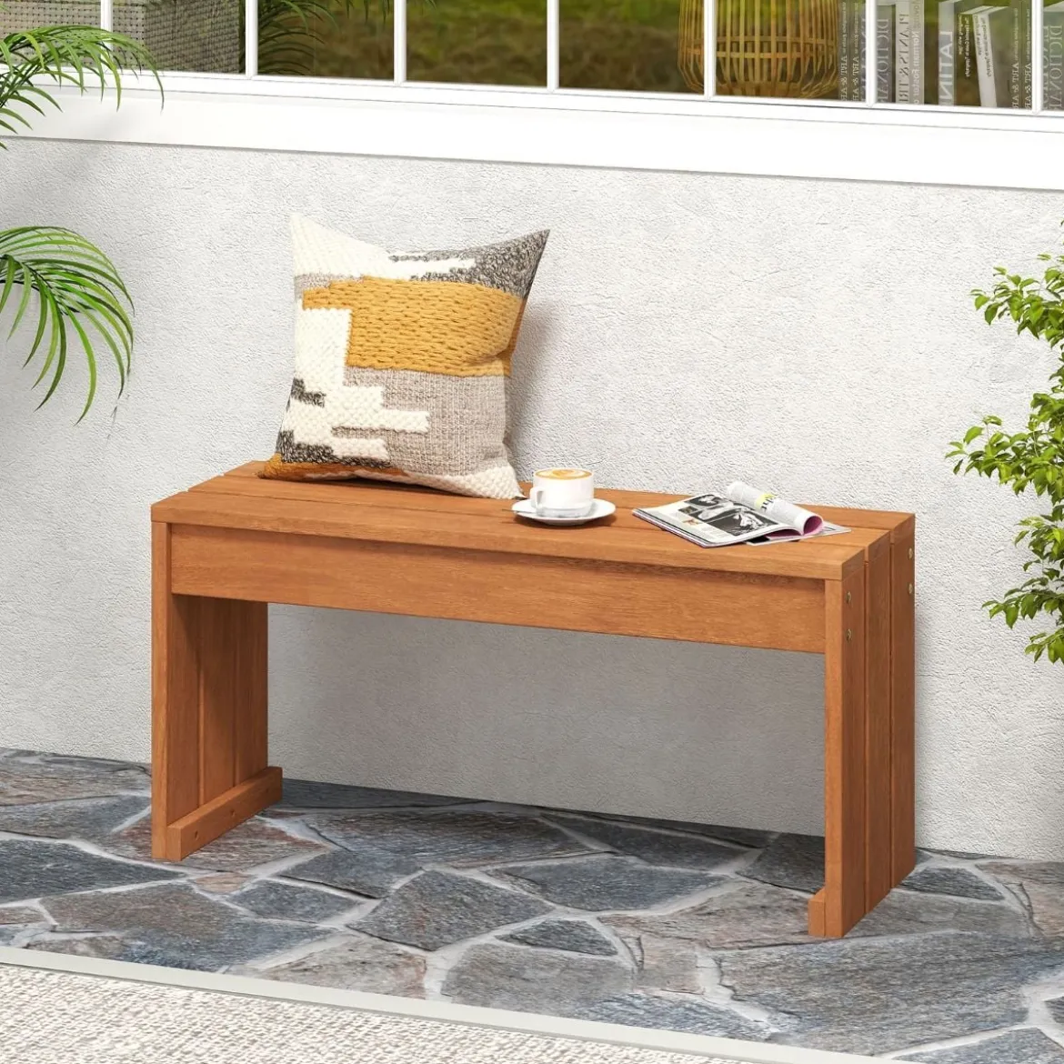 Gartenbank ohne Lehne Wetterfest Sitzbank aus Hartholz Balkonbank 50 x 40 x 81 cm Natur
