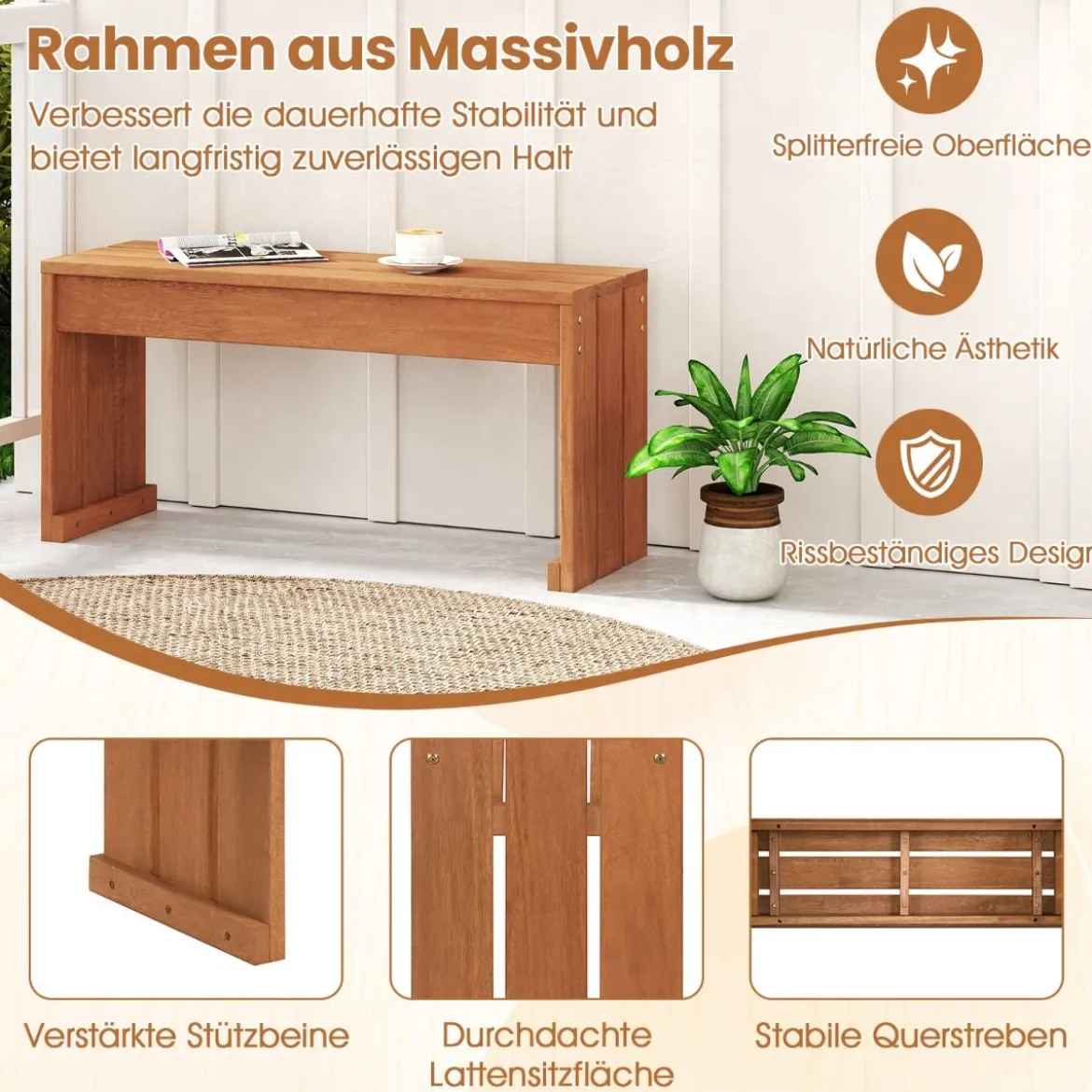 Gartenbank ohne Lehne Wetterfest Sitzbank aus Hartholz Balkonbank 50 x 40 x 81 cm Natur