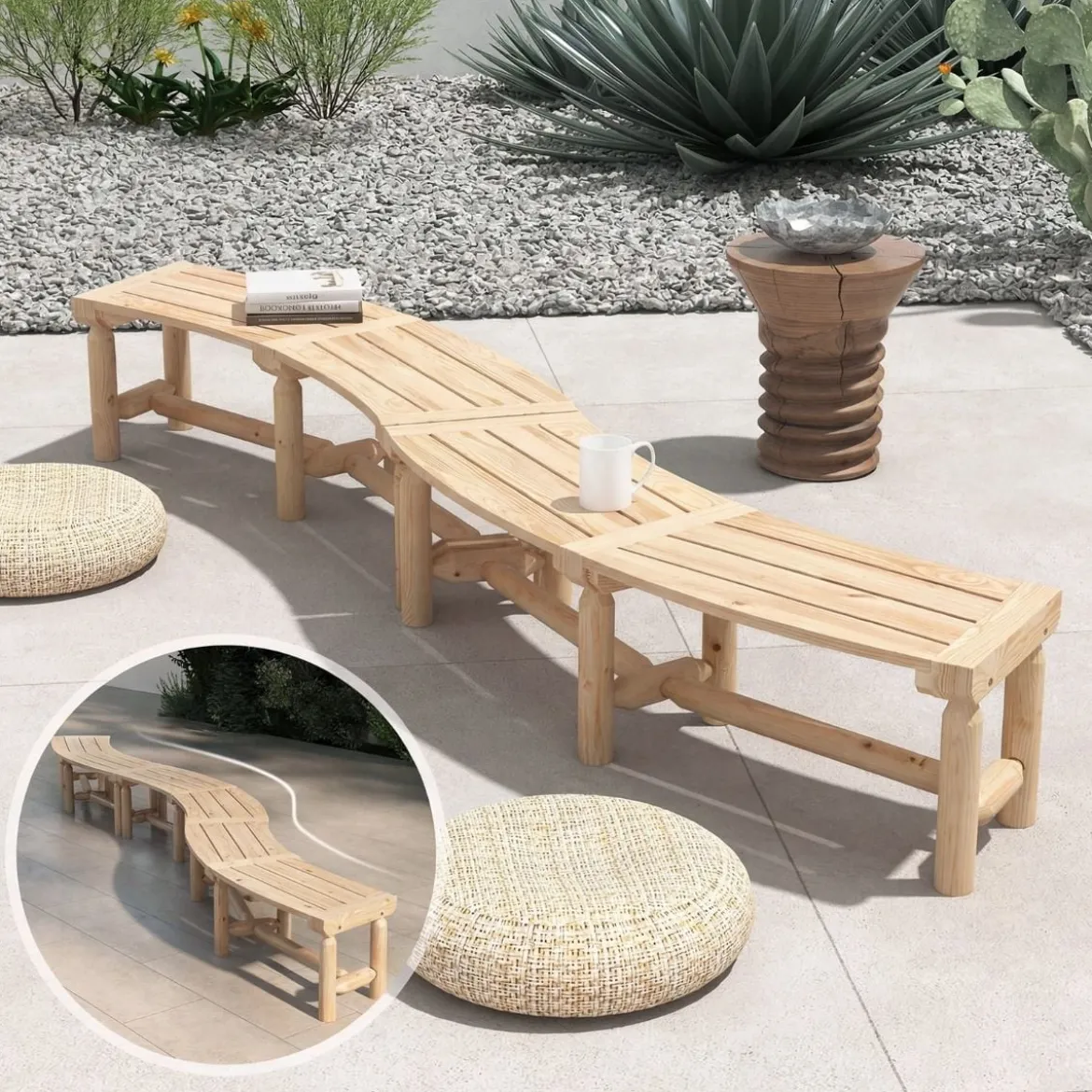 Gartenbank ohne Rückenlehne für 2-3 Sitzer Wetterfeste Holzbank bis 325 kg Belastbar Natur