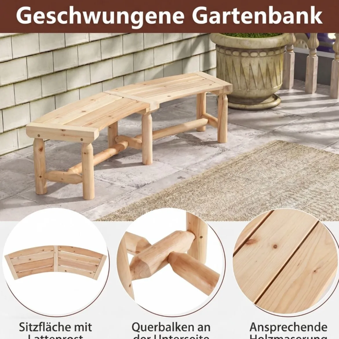 Gartenbank ohne Rückenlehne für 2-3 Sitzer Wetterfeste Holzbank bis 325 kg Belastbar Natur