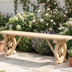 Gartenbank ohne Rückenlehne Wetterfeste Sitzbank Holzbank für 2-3 Sitzer bis 325 kg Belastbar Natur