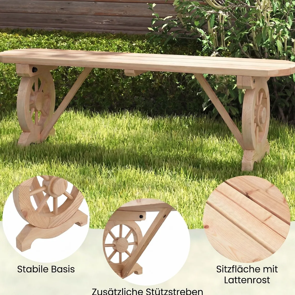 Gartenbank ohne Rückenlehne Wetterfeste Sitzbank Holzbank für 2-3 Sitzer bis 325 kg Belastbar Natur