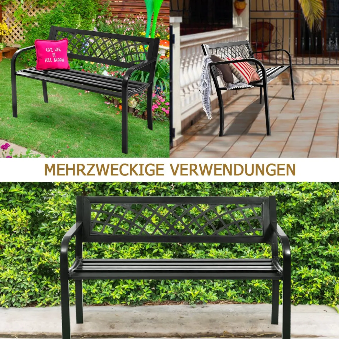 Gartenbank Parkbank Balkon Sitzbank Schwarz 117 x 51 x 76 cm