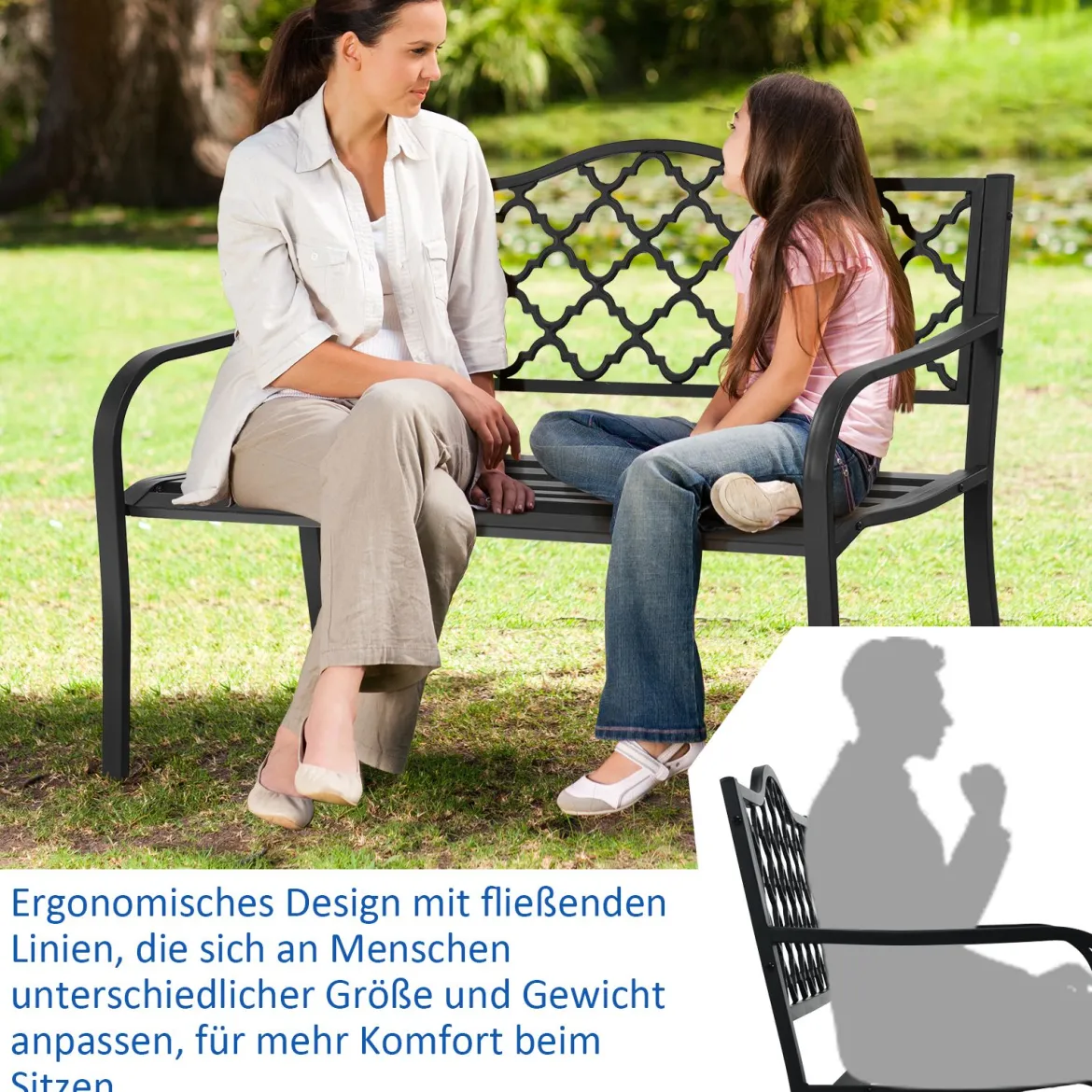 Gartenbank Parkbank mit Armlehnen & Rückenlehne Sitzbank Eisenbank 128 x 52 x 89 cm Schwarz