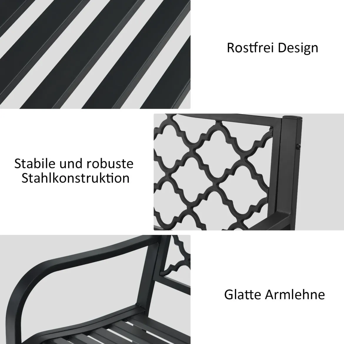 Gartenbank Parkbank mit Armlehnen & Rückenlehne Sitzbank Eisenbank 128 x 52 x 89 cm Schwarz