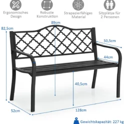 Gartenbank Parkbank mit Armlehnen & Rückenlehne Sitzbank Eisenbank 128 x 52 x 89 cm Schwarz