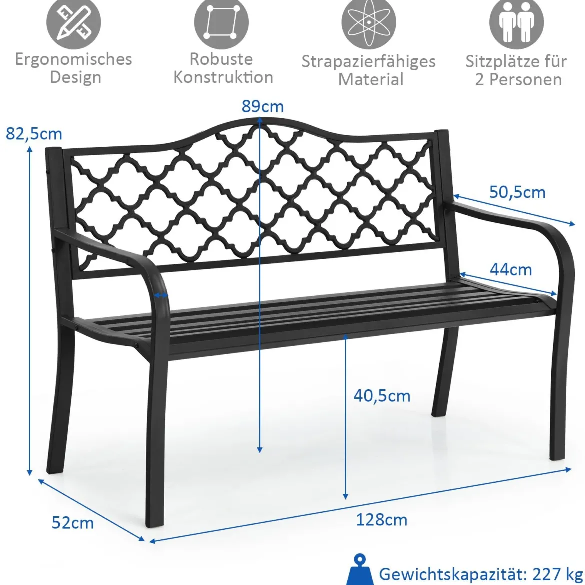 Gartenbank Parkbank mit Armlehnen & Rückenlehne Sitzbank Eisenbank 128 x 52 x 89 cm Schwarz