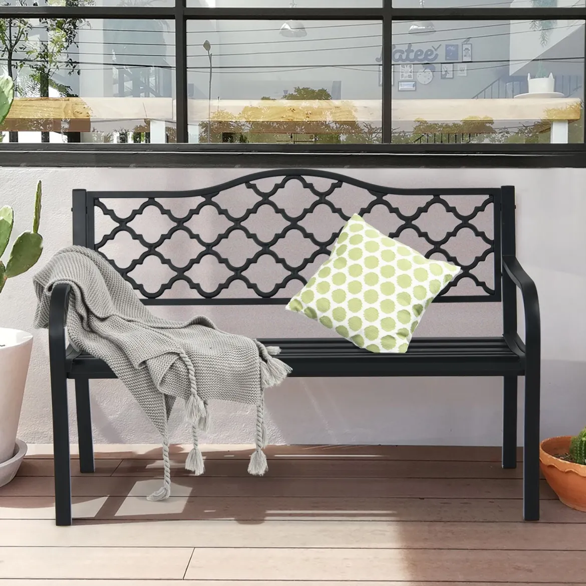 Gartenbank Parkbank mit Armlehnen & Rückenlehne Sitzbank Eisenbank 128 x 52 x 89 cm Schwarz