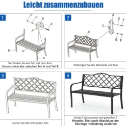 Gartenbank Parkbank mit Armlehnen & Rückenlehne Sitzbank Eisenbank 128 x 52 x 89 cm Schwarz