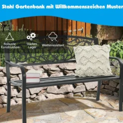 Gartenbank Parkbank mit WELCOME 3 Sitzer Metallbank GusseisenEisenbank Stahlrahmen 127 x 63,5 x 89 cm Schwarz