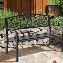 Gartenbank Parkbank mit WELCOME 3 Sitzer Metallbank GusseisenEisenbank Stahlrahmen 127 x 63,5 x 89 cm Schwarz