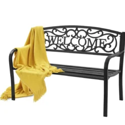 Gartenbank Parkbank mit WELCOME 3 Sitzer Metallbank GusseisenEisenbank Stahlrahmen 127 x 63,5 x 89 cm Schwarz