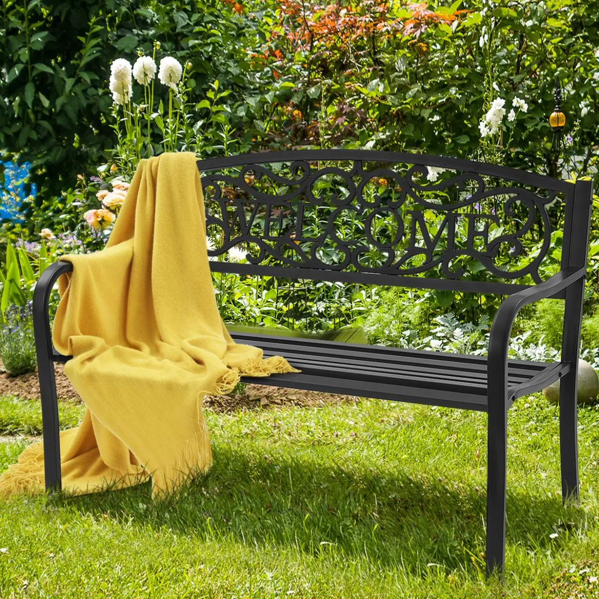 Gartenbank Parkbank mit WELCOME 3 Sitzer Metallbank GusseisenEisenbank Stahlrahmen 127 x 63,5 x 89 cm Schwarz