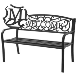 Gartenbank Parkbank mit WELCOME 3 Sitzer Metallbank GusseisenEisenbank Stahlrahmen 127 x 63,5 x 89 cm Schwarz