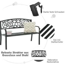 Gartenbank Parkbank mit WELCOME 3 Sitzer Metallbank GusseisenEisenbank Stahlrahmen 127 x 63,5 x 89 cm Schwarz