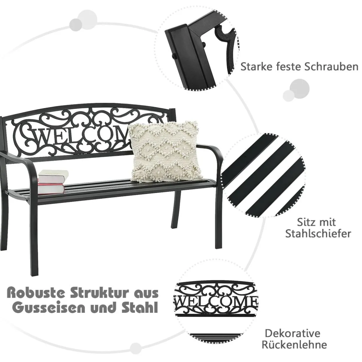 Gartenbank Parkbank mit WELCOME 3 Sitzer Metallbank GusseisenEisenbank Stahlrahmen 127 x 63,5 x 89 cm Schwarz