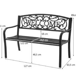 Gartenbank Parkbank mit WELCOME 3 Sitzer Metallbank GusseisenEisenbank Stahlrahmen 127 x 63,5 x 89 cm Schwarz