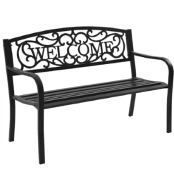 Gartenbank Parkbank mit WELCOME 3 Sitzer Metallbank GusseisenEisenbank Stahlrahmen 127 x 63,5 x 89 cm Schwarz