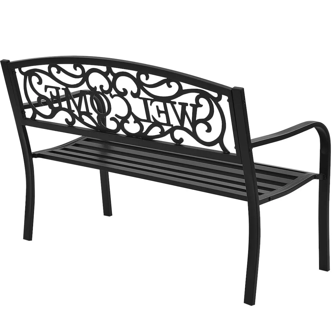 Gartenbank Parkbank mit WELCOME 3 Sitzer Metallbank GusseisenEisenbank Stahlrahmen 127 x 63,5 x 89 cm Schwarz