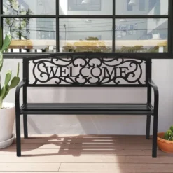 Gartenbank Parkbank mit WELCOME 3 Sitzer Metallbank GusseisenEisenbank Stahlrahmen 127 x 63,5 x 89 cm Schwarz
