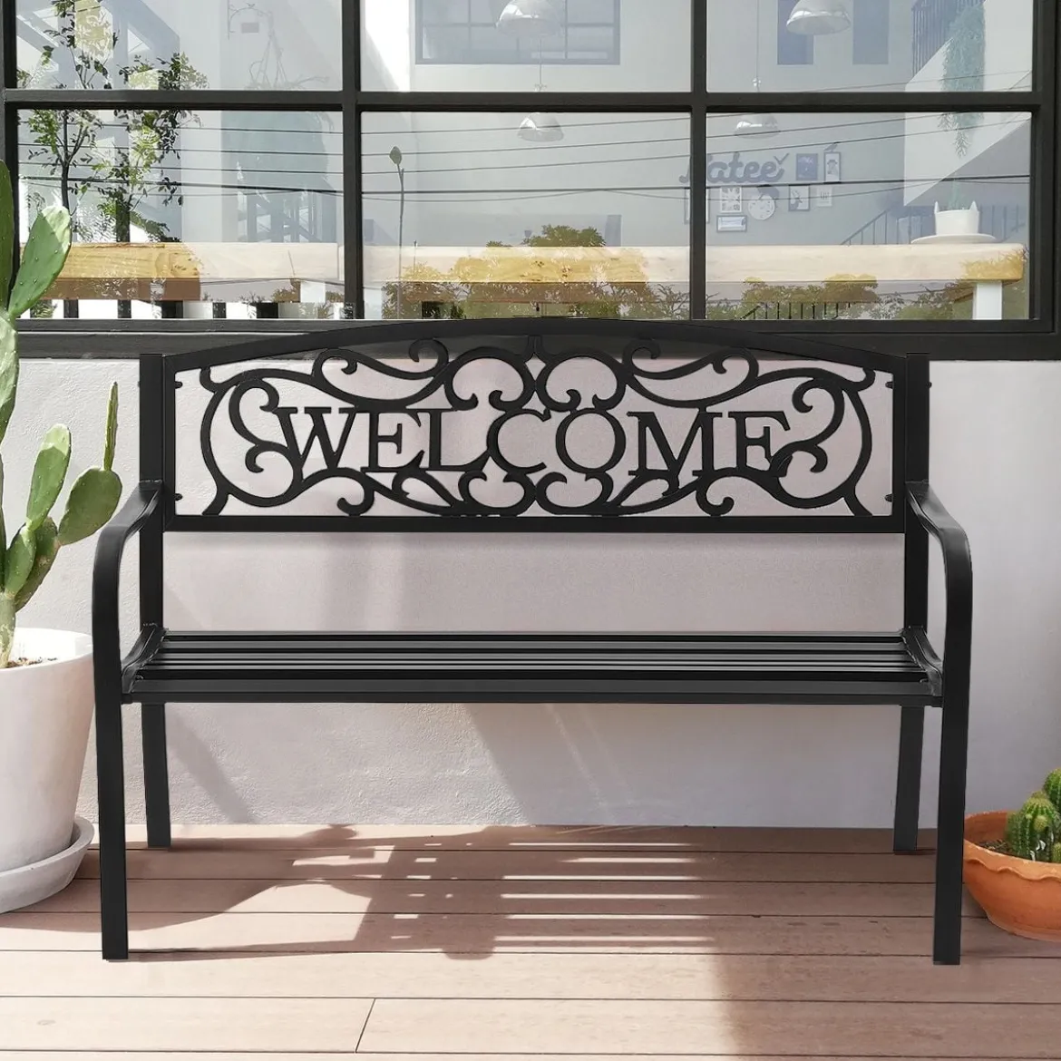 Gartenbank Parkbank mit WELCOME 3 Sitzer Metallbank GusseisenEisenbank Stahlrahmen 127 x 63,5 x 89 cm Schwarz