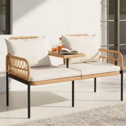 Gartenbank Polyrattan mit Kissen 2-Sitzer Balkonbank mit Hartglastisch Sitzbank 137x64x84 cm